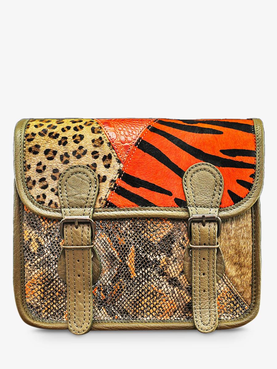 photo-vue-de-face-sac-bandouliere-cuir-vrouw-oranje-groen-lasacoche-s-chimere-oranje-kaki-paul-marius-m02s10-ch-o-k