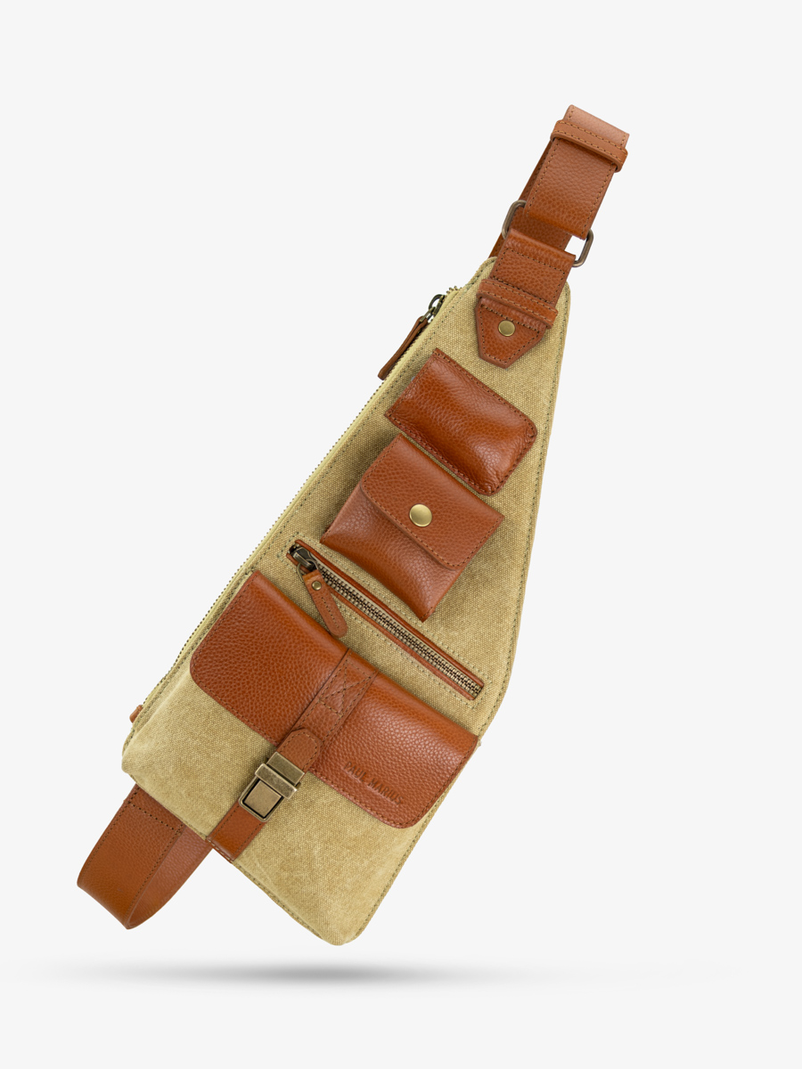 schoudertas-leer-bruin-groen-LeHolster-cognac-kaki-canvas-voorkant-w62-oco-gc