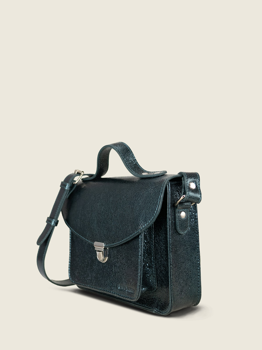 schoudertas-leer-groen-glanzend-Mademoiselle George-minuit-zijaanzicht-W05-m-gr