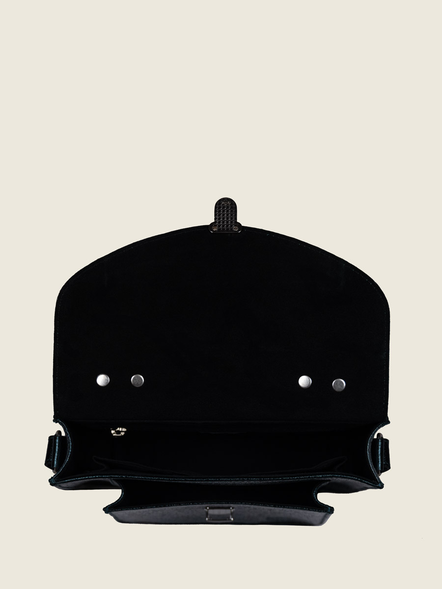 schoudertas-glanzend-groen-leer-Mademoiselle George-minuit-binnenkant-w05-m-gr