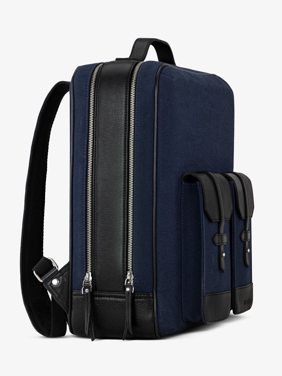 photo-vue-de-dos-sac-a-dos-cuir-unisexe-bleu-noir-urbain-noir-toile-bleu-marine-paul-marius-b08-obl-BLUC