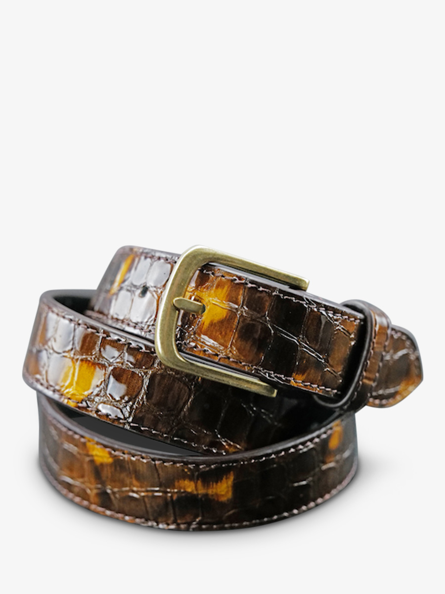 photo-vue-de-face-leder-riem-voor-man-en-vrouw-zilver-riem-een-buckle-caiman-amber-vernished-paul-marius-lb-115-c-am