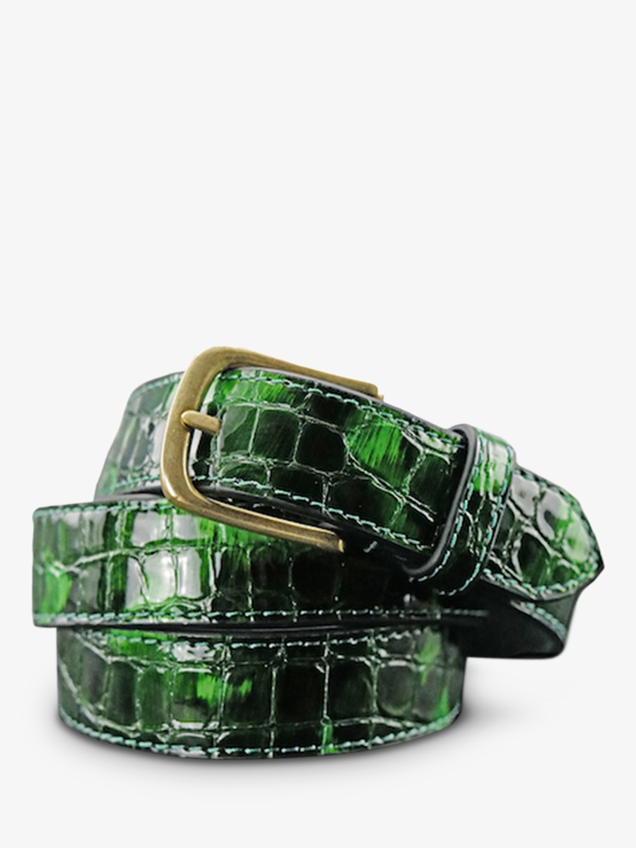 photo-vue-de-face-leder-riem-voor-man-en-vrouw-groene-riem-a-buckle-caiman-emeraude-vernié-paul-marius-lb-115-c-ed