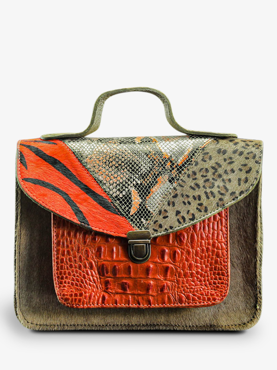 photo-vue-de-face-sac-bandouliere-cuir-vrouw-oranje-groen-mademoiselle-george-chimere-oranje-kaki-paul-marius-w05-ch-o-k