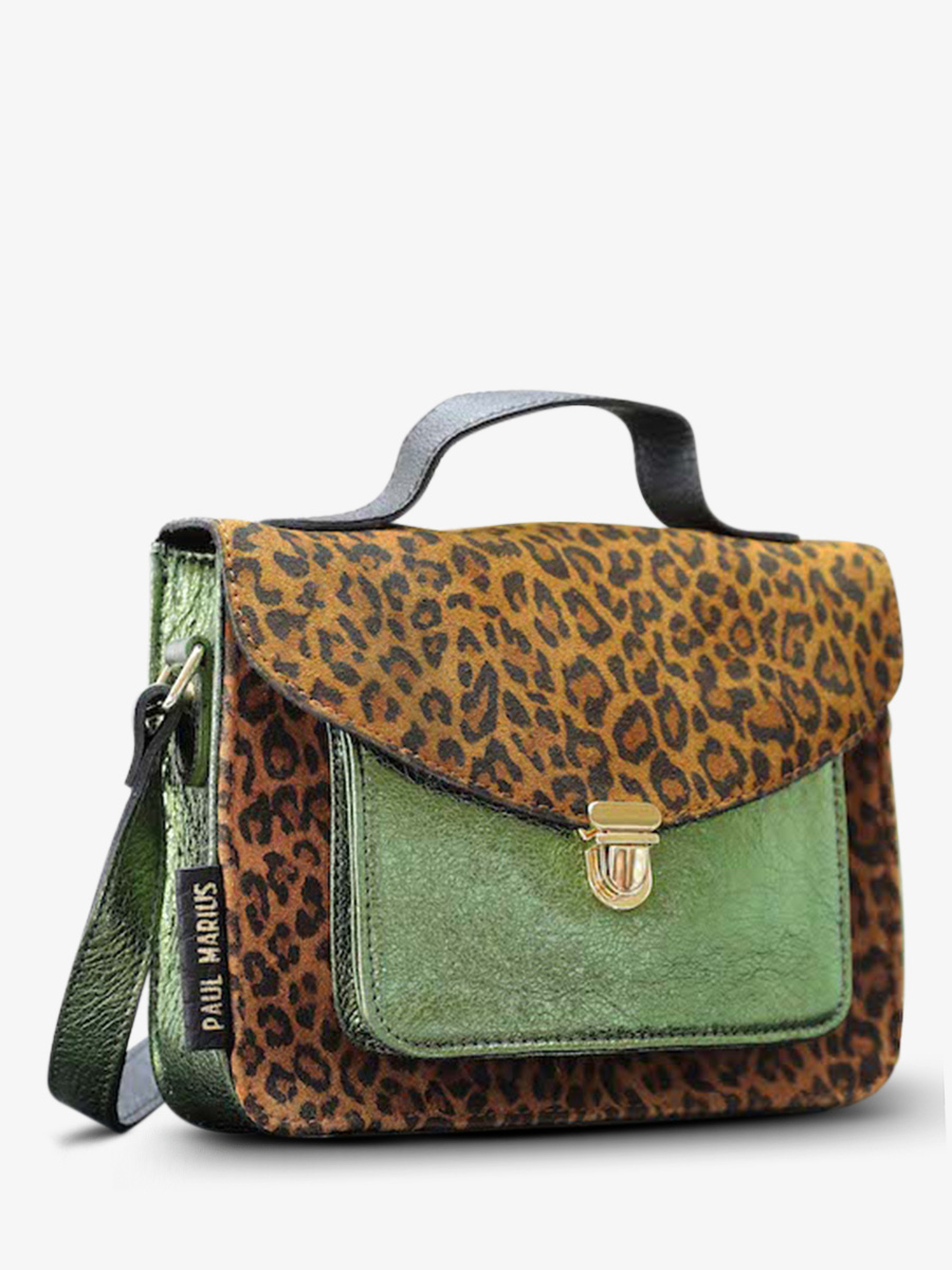 foto-vue-de-cote-bandouliere-leder-tas-vrouw-bruin-groen-mademoiselle-george-leopard-naturel-khaki-metallised-paul-marius-w05-l-mcgr