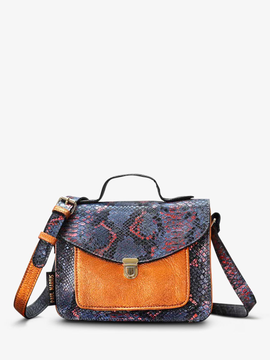 photo-vue-de-face-bandouliere-bag-leather-woman-blue-orange-mademoiselle-george-python-abysse-orange-metallise-paul-marius-w05-p-ab-mco