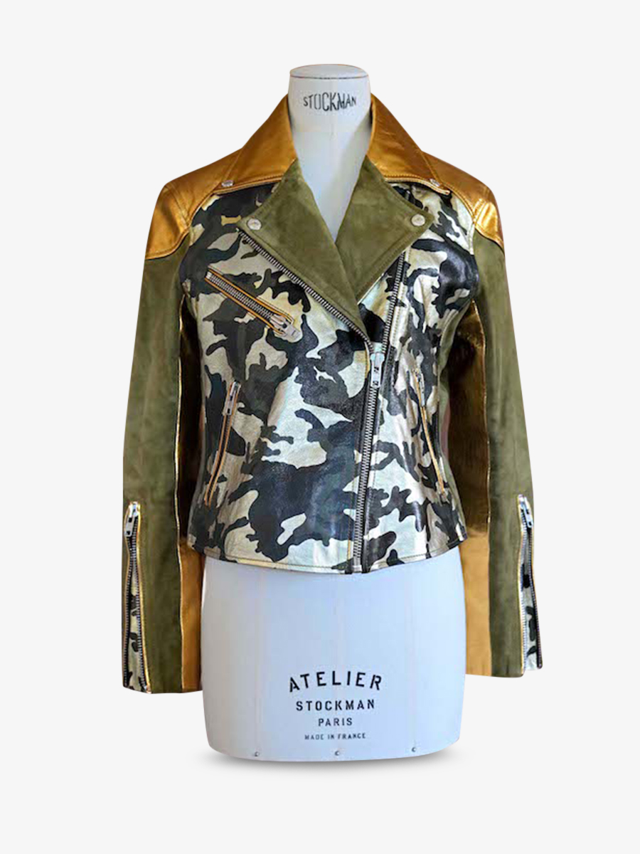 foto-front-perfecto-leer-vrouw-bruin-groen-leperfecto-camouflage-khaki-goud-paul-marius-wpj-ca-k-g-s36