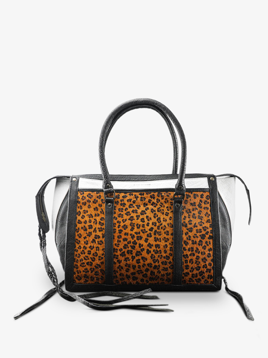 photo-vue-de-face-sac-a-main-cuir-vrouw-zwart-wit-lerive-rechts-m-leopard-zwart-wit-paul-marius-w19m-lp-b-w