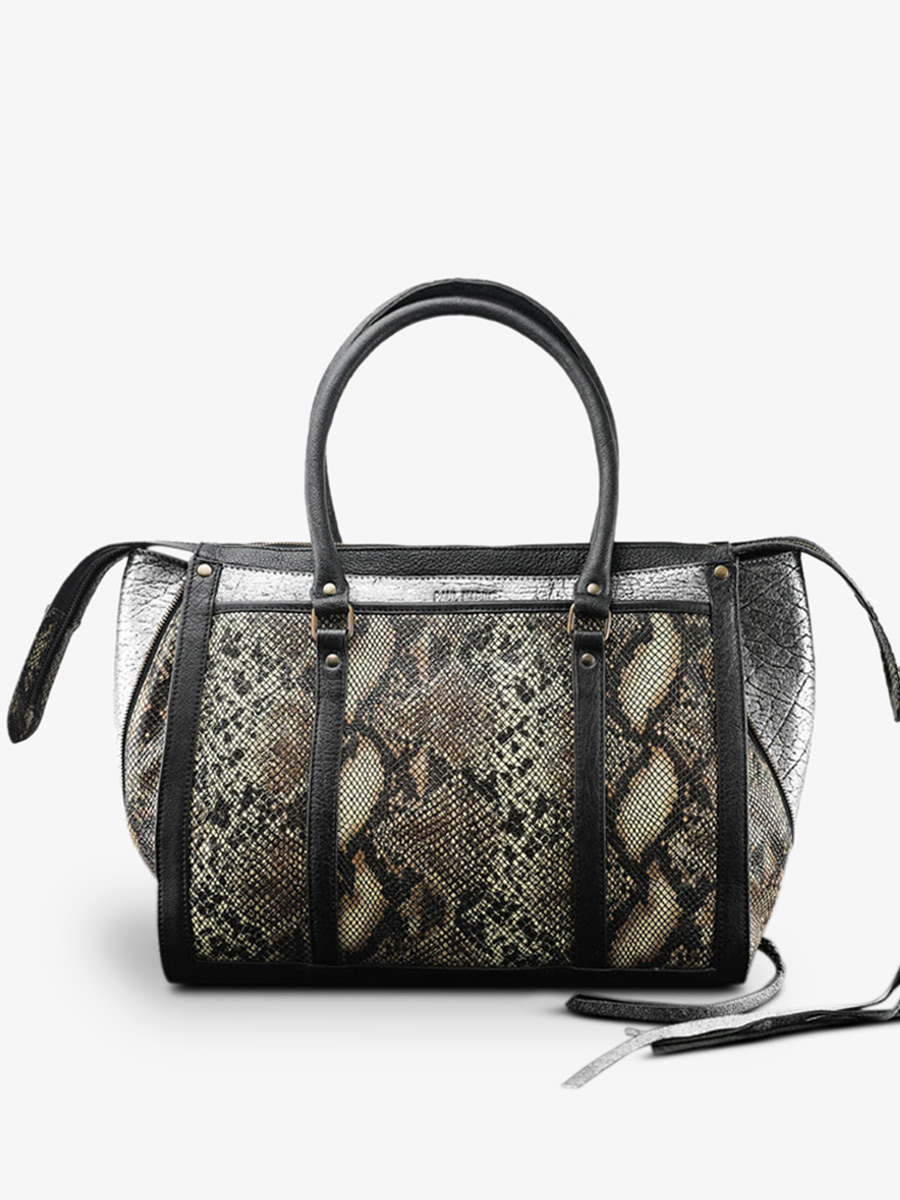 photo-vue-de-face-sac-a-main-cuir-vrouw-zilver-zwart-lerive-rechts-m-python-zilver-paul-marius-w19m-p-s-b