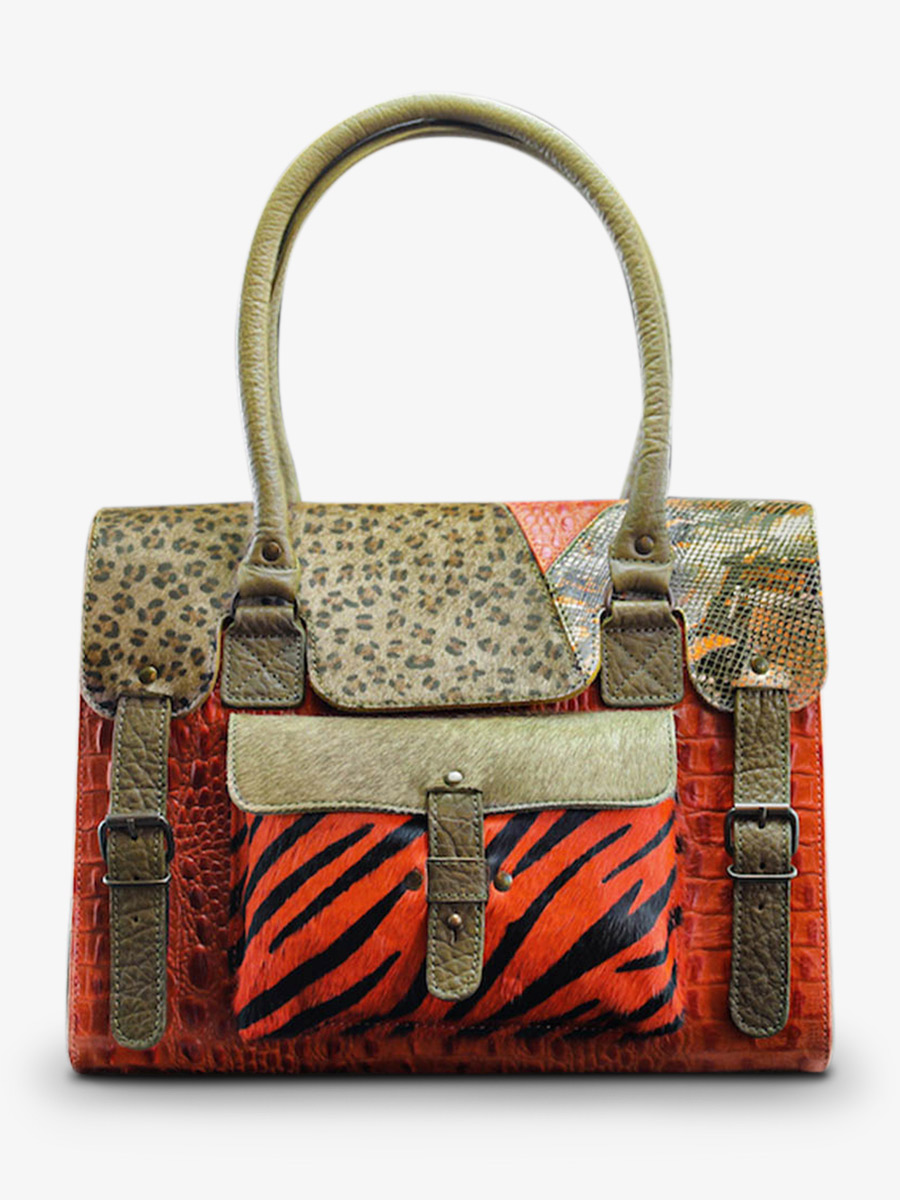 photo-vue-de-face-sac-bandouliere-cuir-vrouw-oranje-groen-lerive-links-m-chimere-oranje-kaki-paul-marius-w01m-ch-o-k