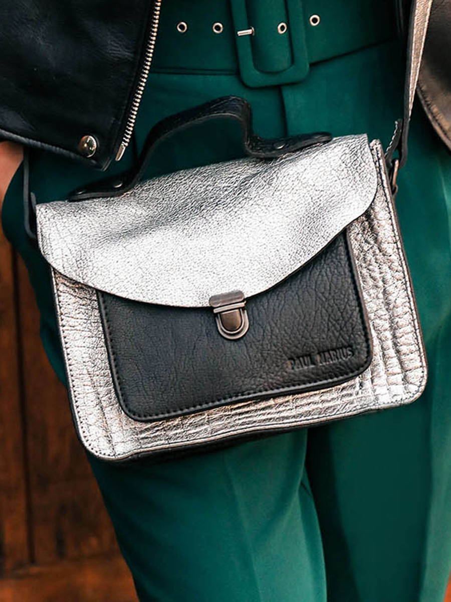 foto-porte-sac-bandouliere-cuir-vrouw-zilver-zwart-mademoiselle-george-zilver-zwart-paul-marius-w05-s-b