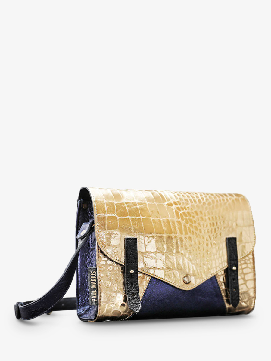 photo-vue-de-cote-bandouliere-tas-vrouwen-leder-goud-blauw-onmisbaar-caiman-goud-blauw-metallised-paul-marius-w08-c-g-mcblu