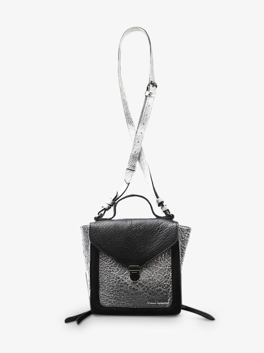 photo-vue-de-face-petit-sac-bandouliere-cuir-vrouw-zilver-zwart-mistinguette-zilver-zwart-paul-marius-w20-s-b