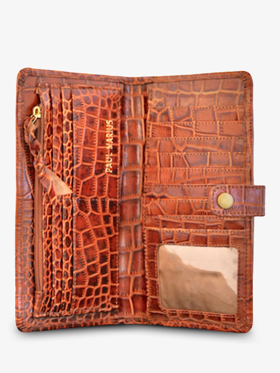 photo-vue-de-cote-vrouwen-leer-portefeuille-bruin-charlotte-wallet-n2-alligator-cocktail-amber-paul-marius-m67-a-l