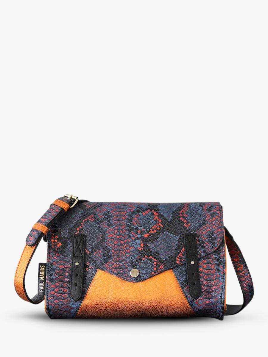 photo-vue-de-face-sac-bandouliere-cuir-vrouw-blauw-oranje-onmisbaar-python-abysse-oranje-metallise-paul-marius-w08-p-ab-mco