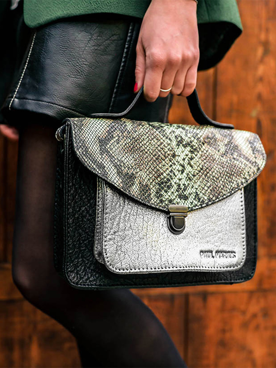 photo-strap-bag-woman-LEATHER-SILVER-BLACK-MADEMOISELLE-GEORGE-PYTHON-SILVER-BLACK-PAUL-MARIUS-W05-P-S-B